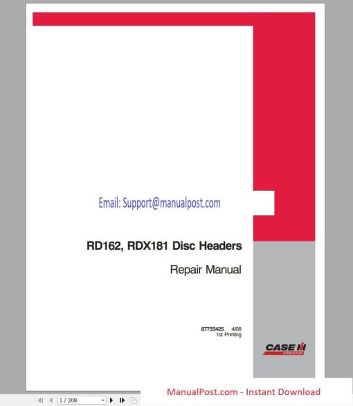 Case IH Tractor RDX162,RDX181 Disc Headers Repair Manual_87755425