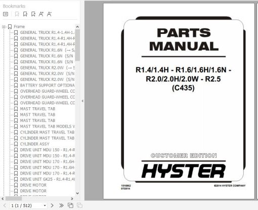 Hyster Electric Motor Narrow Aisle Trucks C435 (R1.4 1.4H-R1.6 1.6H 1.6N-R2.0 2.0H 2.0W-R2.5) Parts Manual 1516862