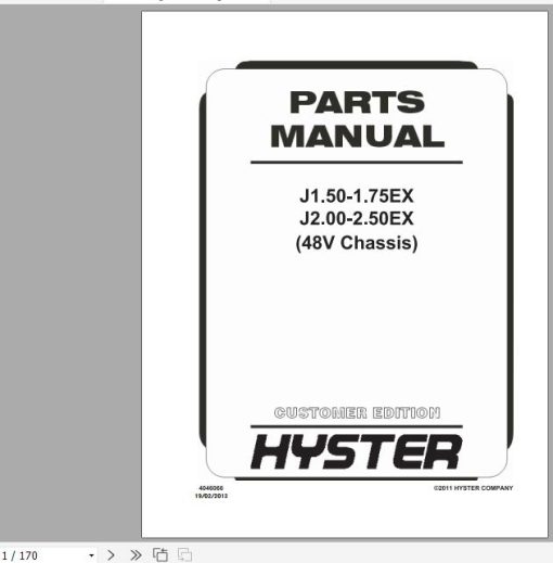 Hyster Electric Motor Rider Trucks A401 A402 (J1.50-1.75EX, J2.00-2.50 EX) Parts Manual 4046066