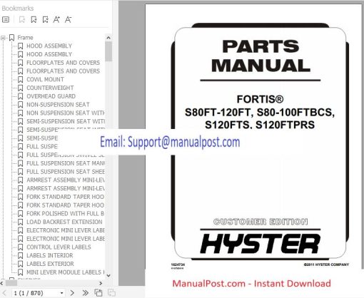 Hyster Forklift Truck G004 (S80FT-120FT, S80-100FTBCS, S120FTS, S120FTPRS) Parts Manual 1624734