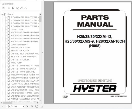 Hyster Forklift Truck H008 (H25 28 30 32XM-12 H25 30 32XMS-9, H28 32XM-16CH Europe) Parts Manual 4117432