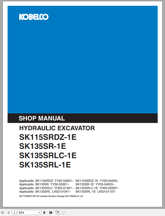 Kobelco Hydraulic Excavator SK115SRDZ-1E SK135SR-1E SK135SRLC-1E SK135SRL-1E Shop Manual