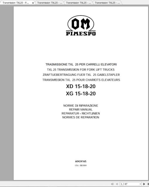 Still OM Pimespo Forklift Transmission TXL25 Repair Manual