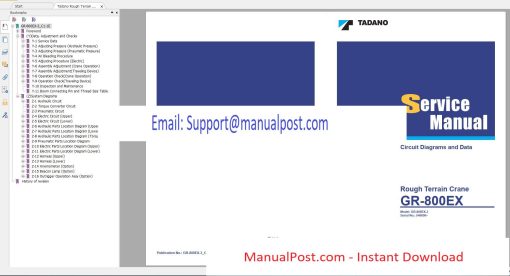 Tadano Rough Terrain Crane GR-800EX-3 Service Manual, Circuit Diagram, Operator Manual, Parts Catalog