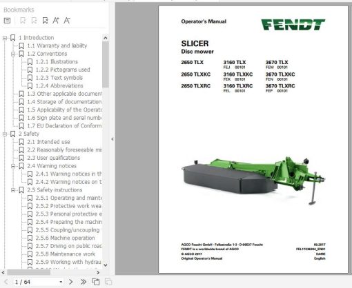 FENDT Slicer 2650 3160 3670 TLX TLXKC TLXRC Disc mower FR EN DE ES Operator’s Manual