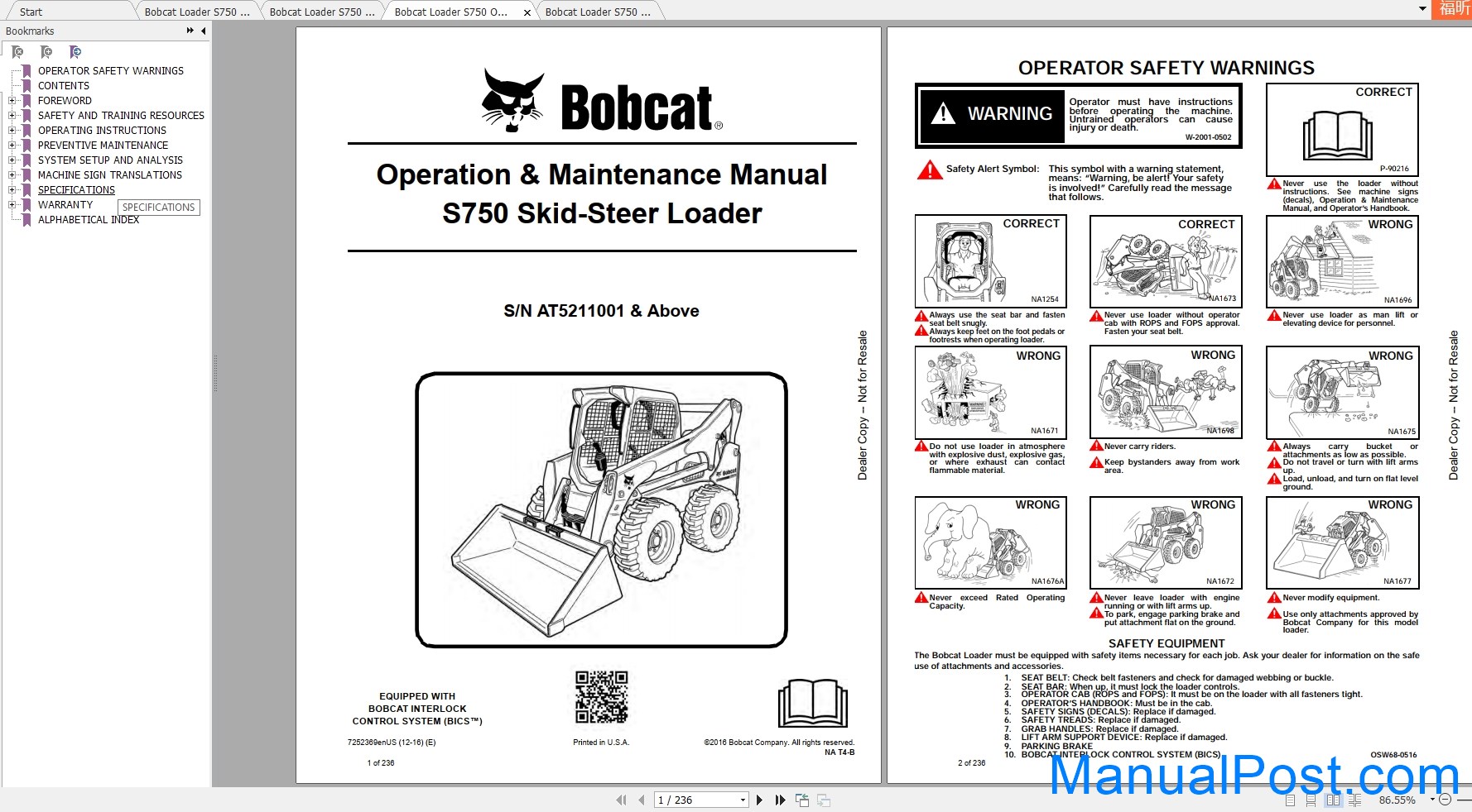 Bobcat Skid-Steer Loader S750 Operation & Maintenance Manuals