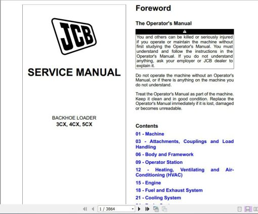 JCB Backhoe Loader 3CX, 4CX, SCX T4i T4F 55Kw Service Manual