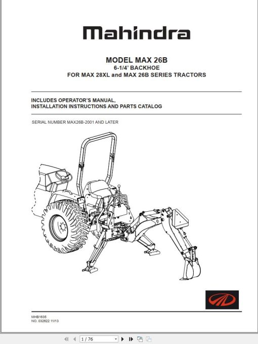 Mahindra Tractor Max 26B 28XL Series Backhoe Operator’s Manual MAX26B-2001