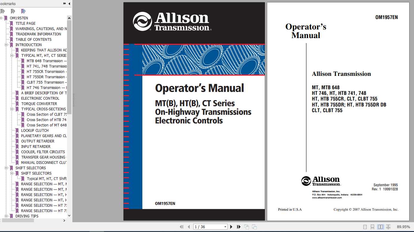 Allison Transmission MT(B) HT(B) CT Series Transmission Electronic Controls Operator Manual