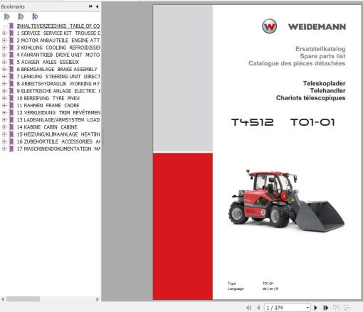 Weidemann Telehandler T4512 (T01-01) Spare Parts List EN+IT+ES